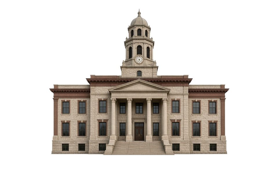 Illustration (not a photograph) of Brown County Courthouse, New Ulm